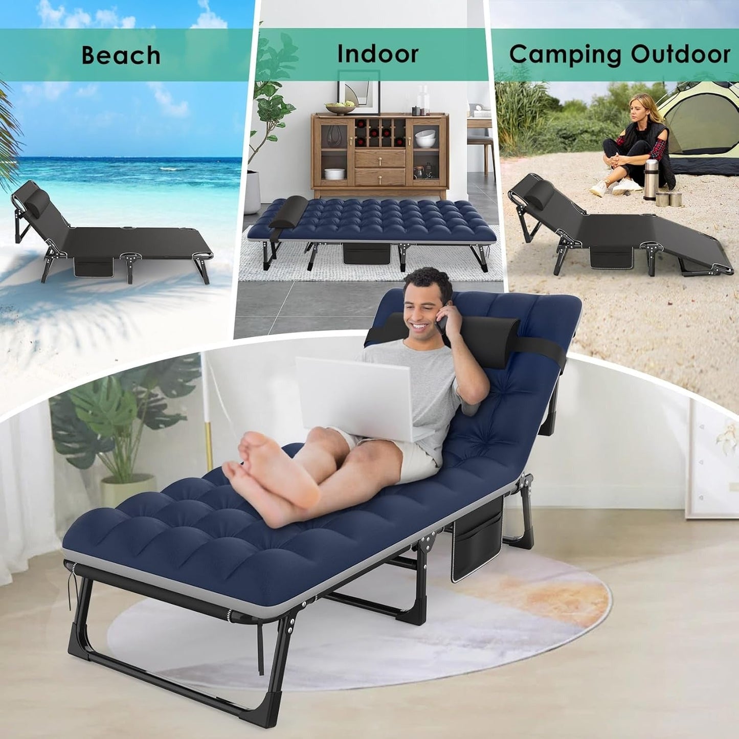 Lit de camping pliable réglable pour adultes de 4 niveaux avec oreiller