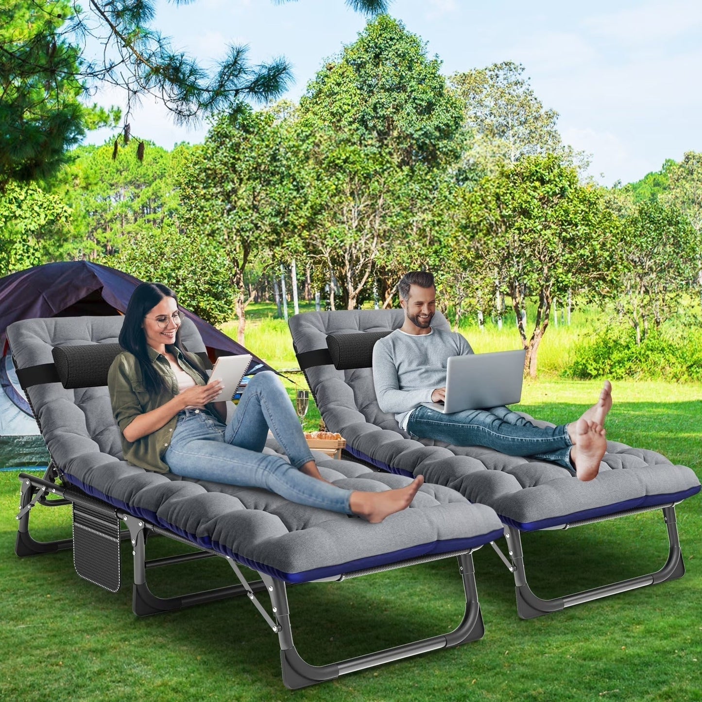 Lit de camping pliable réglable pour adultes de 4 niveaux avec oreiller